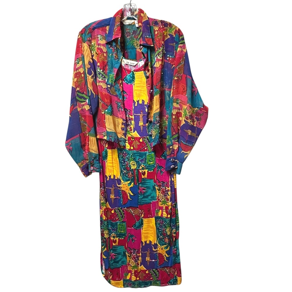 OK SAM Vintage 90s Art to Wear 2Pc Dress Set S/M Beaded Sun Beach Festival Funky